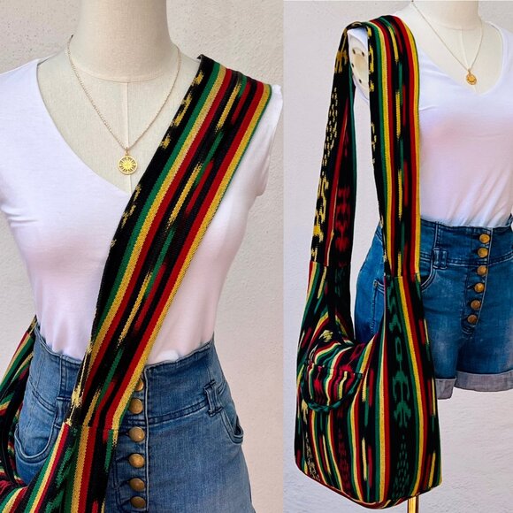 Rasta Colors 100% Cotton Large Shoulder Messenger Crossbody Purse Zipper Closure